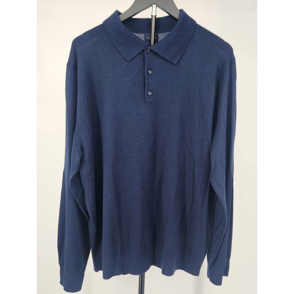 J.Crew Mens XL Merino Wool Blend Long Sleeve Polo Sweater Navy Blue Knit